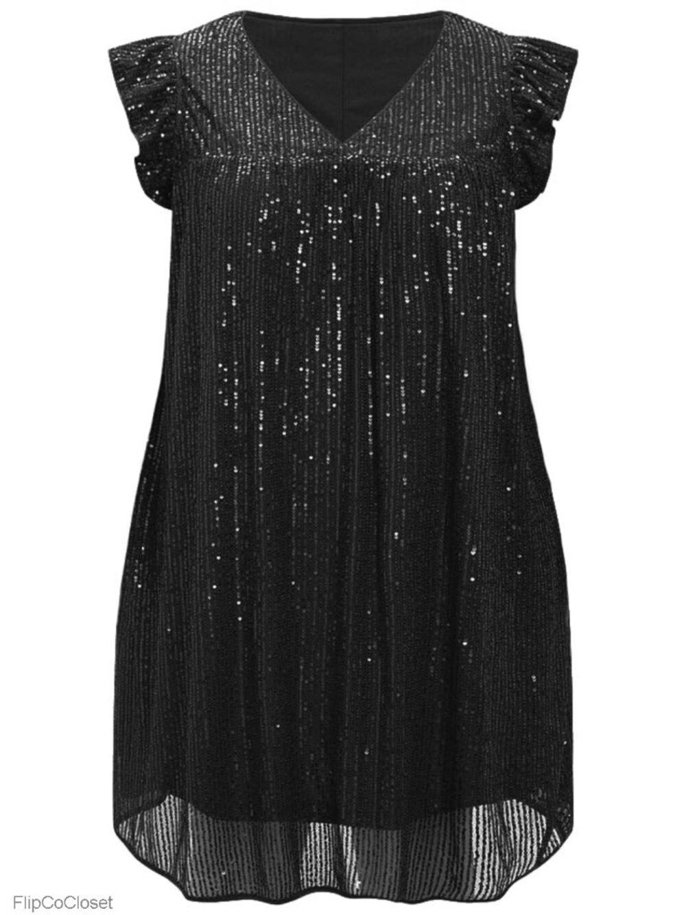 Plus Size Sequin Mini Dress Ruffle Sleeve V-Neck Party Cocktail Club Night Out
